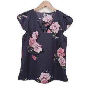Live 4 Truth Floral Blouse Womens Size S Dark Gray Pink V Neck Cap Sleeve